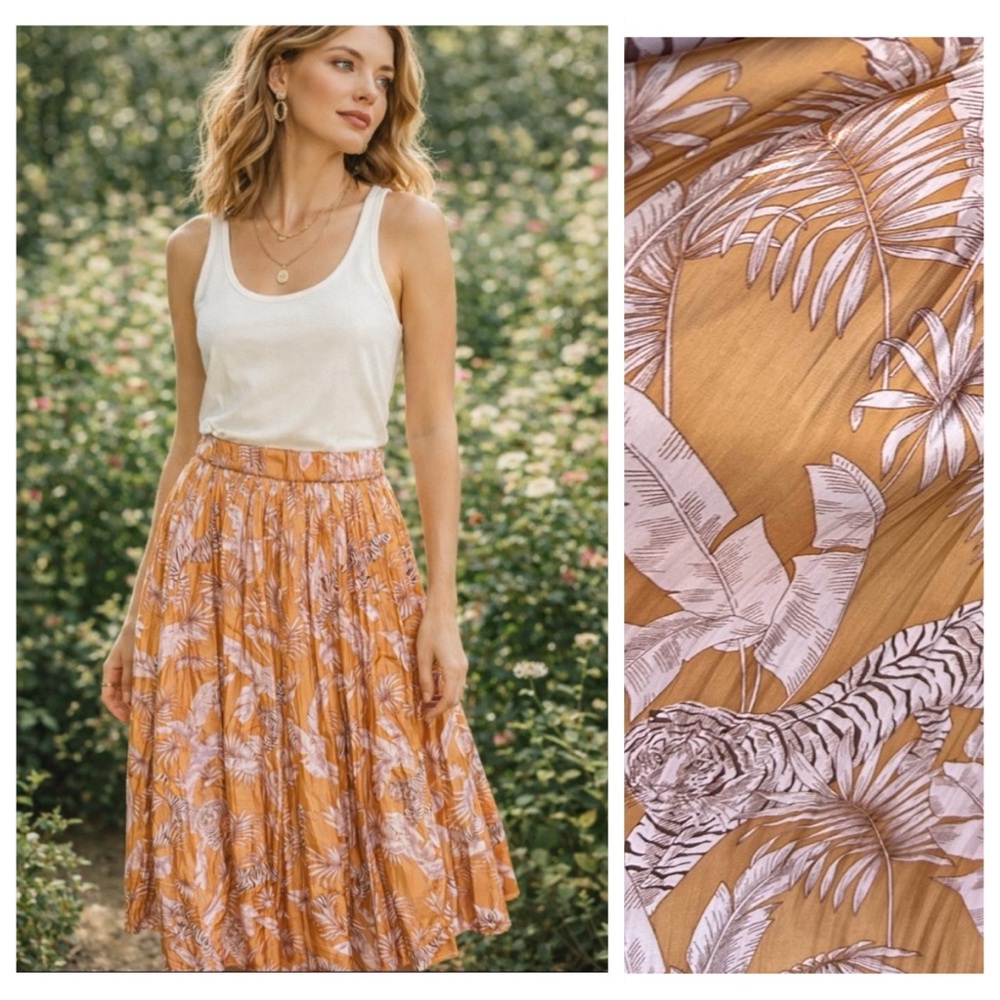 Bailey 44 Gold Pink Tiger Palm Leaf Silky Stretch Lined Skirt Sz Large